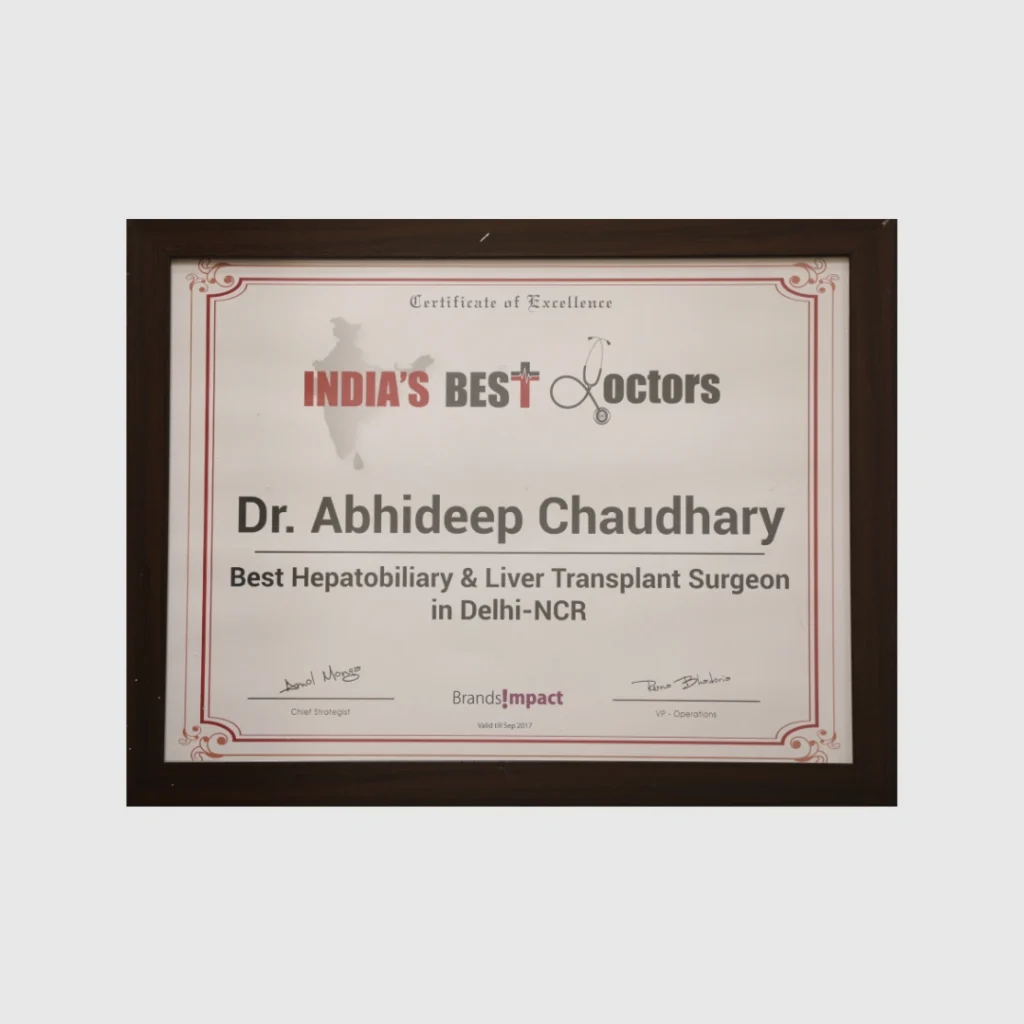 Awarded as Best Hepatobiliary & Liver Transplant Surgeon in Delhi NCR by Brands Impact, 2017