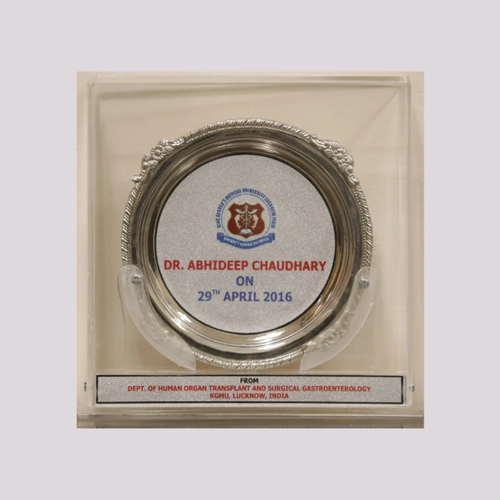 Token of Recognition from Dept. of Human Organ Transplant and Surgical Gastroenterology, KGMU, Lucknow, India in 2016