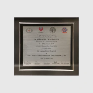 Token of Appreciation as Hon' Faculty for Topic 'Advances in Colorectal Cancer' Organised by Sir Ganga Ram Hospital Delhi & The Christie NHS Foundation Trust Hospital (UK), 2020