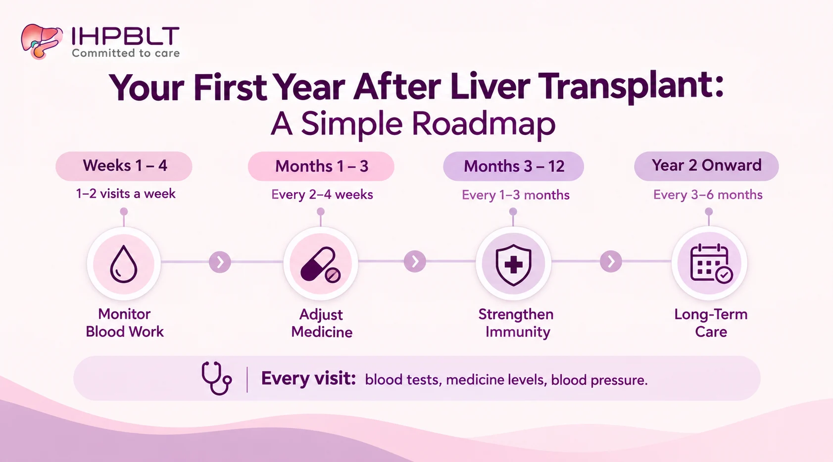 Timeline of follow-up visits in the first year after liver transplant.